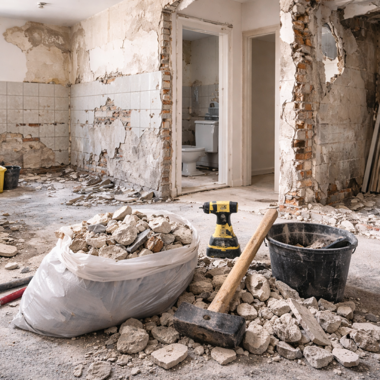 Klein-Entkernung: Innenrückbau mit entfernten Fliesen und Putz, Bauschutt, Vorschlaghammer, Brecheisen und Werkzeug für Demontage und Entsor